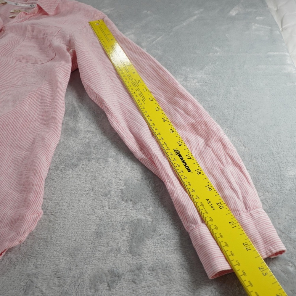 Barbour Linen Button Up Shirt Womens 6 Pink Collared Roll Tab Striped Casual - Picture 8 of 16